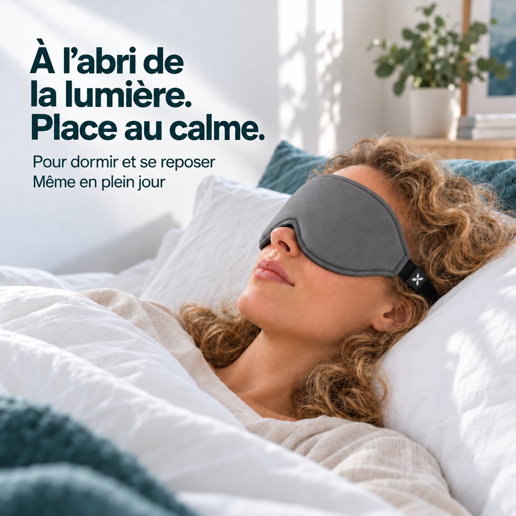 Une femme aux cheveux bouclés est allongée sur un oreiller dans une chambre lumineuse et porte un masque de sommeil Deluxe gris.