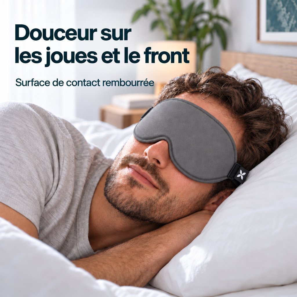 Un homme allongé sur le côté repose sur un oreiller blanc et porte un masque de sommeil Deluxe gris à bandeau noir.