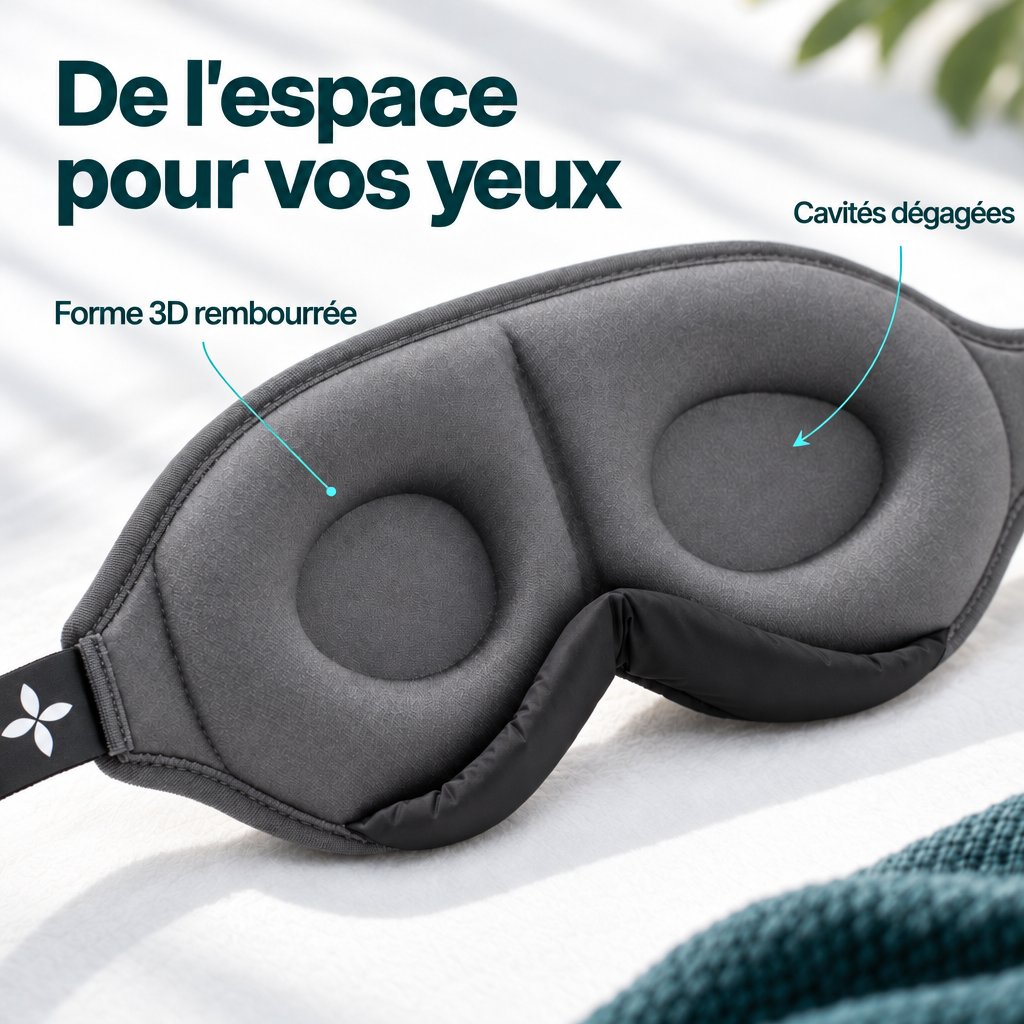 Vue rapprochée de l’intérieur du masque de sommeil Deluxe gris, avec son contour rembourré, ses cavités pour les yeux et sa partie nasale noire.