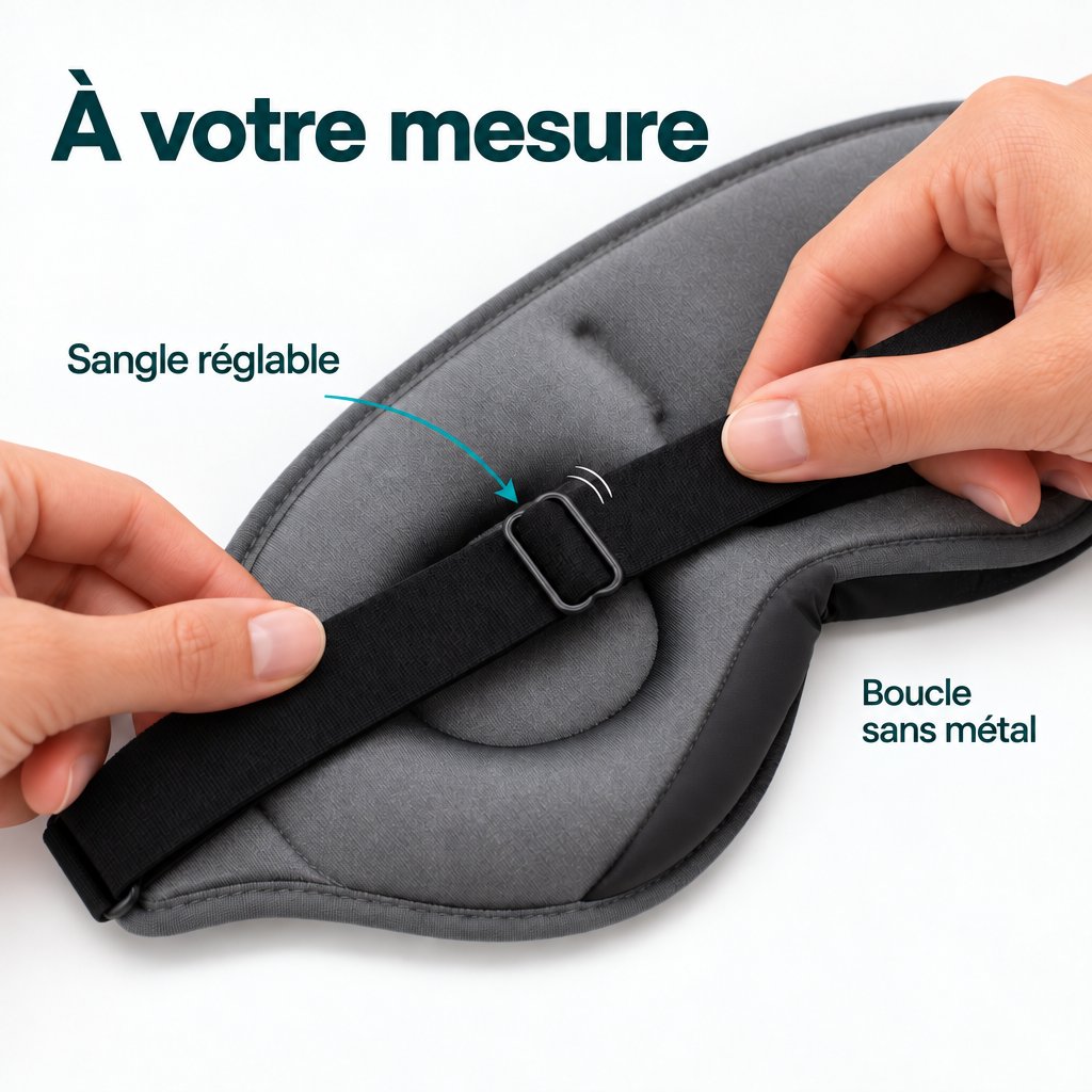 Des mains ajustent la longueur de la sangle noire du masque de sommeil Deluxe gris à l’aide d’une boucle de réglage rectangulaire.