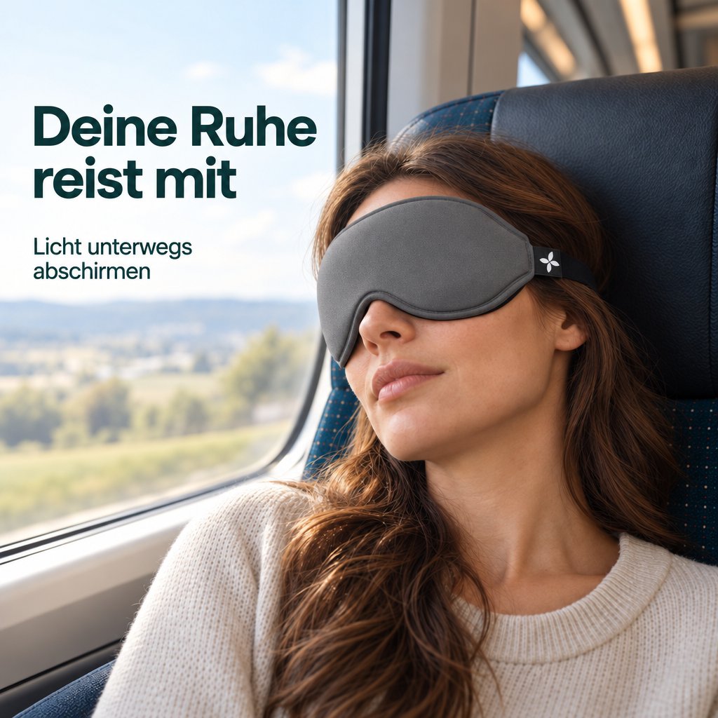 Frau ruht am Zugfenster und trägt eine graue Schlafmaske Deluxe vor den Augen.
