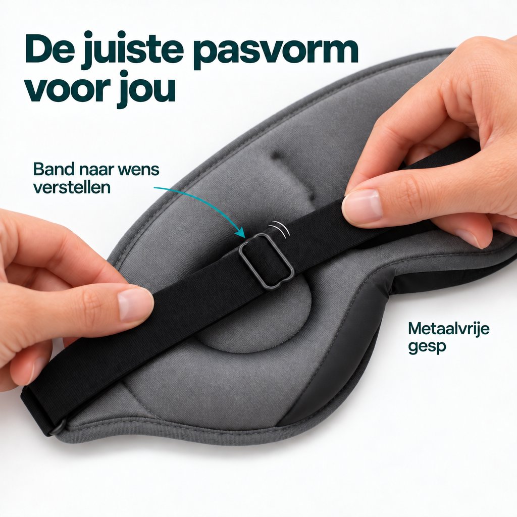 Handen passen de lengte van de zwarte hoofdband van het grijze slaapmasker Deluxe aan met de rechthoekige verstelgesp.